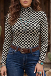 Plaid Stand Neck Long Sleeve Mesh Top, back view