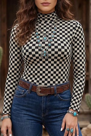 Plaid Stand Neck Long Sleeve Mesh Top, back view