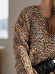 Textured knit sweater with balloon sleeves in a multi-color yarn, featuring a crew neck.
