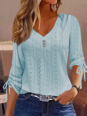 Full Size V-neck Eyelet Drawstring Sleeve Top in Pink, close-up detail