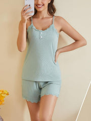 Light blue ribbed cami and shorts set with lace trim and button detail