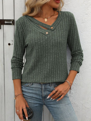 Army green ribbed knit henley top with keyhole neckline and button detail