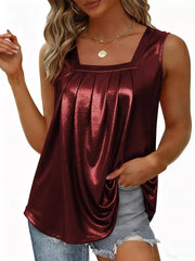 Wine red square neck tank top with front pleats and metallic sheen