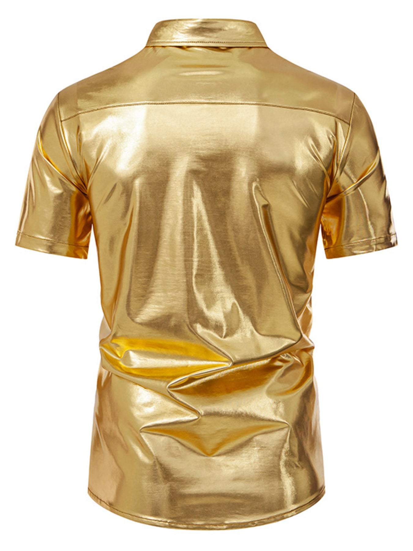 Gold metallic button-up shirt with short sleeves and a classic collar.