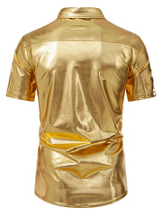 Gold metallic button-up shirt with short sleeves and a classic collar.