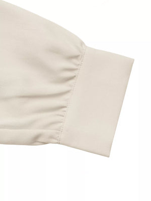 Ruched Button-up Peplum Shirt in Apricot, fabric detail