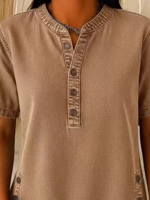 Denim-inspired khaki short sleeve button blouse with band collar.