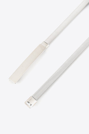 Silver metal elastic waist belt with adjustable buckle detail