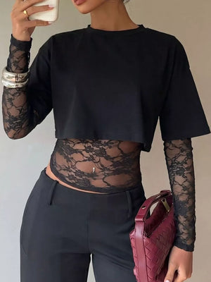 Lace Patchwork Short Sleeve T-shirt in Black, front view