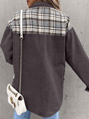 Panelled plaid denim hybrid jacket in dark gray with a plaid yoke detail.