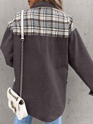 Panelled plaid denim hybrid jacket in dark gray with a plaid yoke detail.