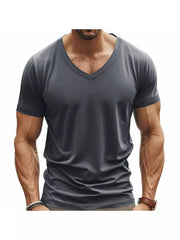Men's dark gray slim fit v-neck t-shirt with short sleeves.