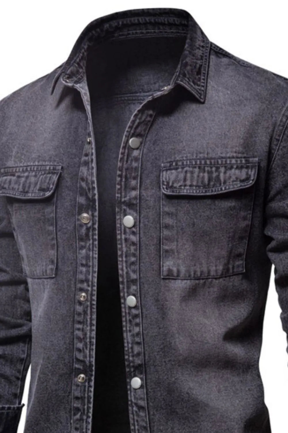 Faded dark denim utility shirt jacket with buttoned chest pockets and collar.