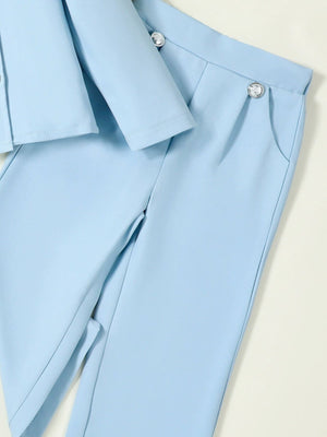 Toddler blue double-breasted blazer set with decorative buttons