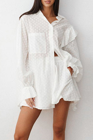 White textured ruffle trim shirt set with collared neckline and button front.