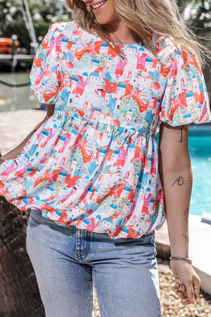 Multicolor watercolor village print peplum blouse with puff sleeves and elasticated hem.