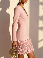 V-neck Mini Dress With Rose Embellishment in Burgundy, view 11
