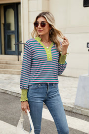 Striped long sleeve blouse with green collar and cuffs, pink and teal stripes
