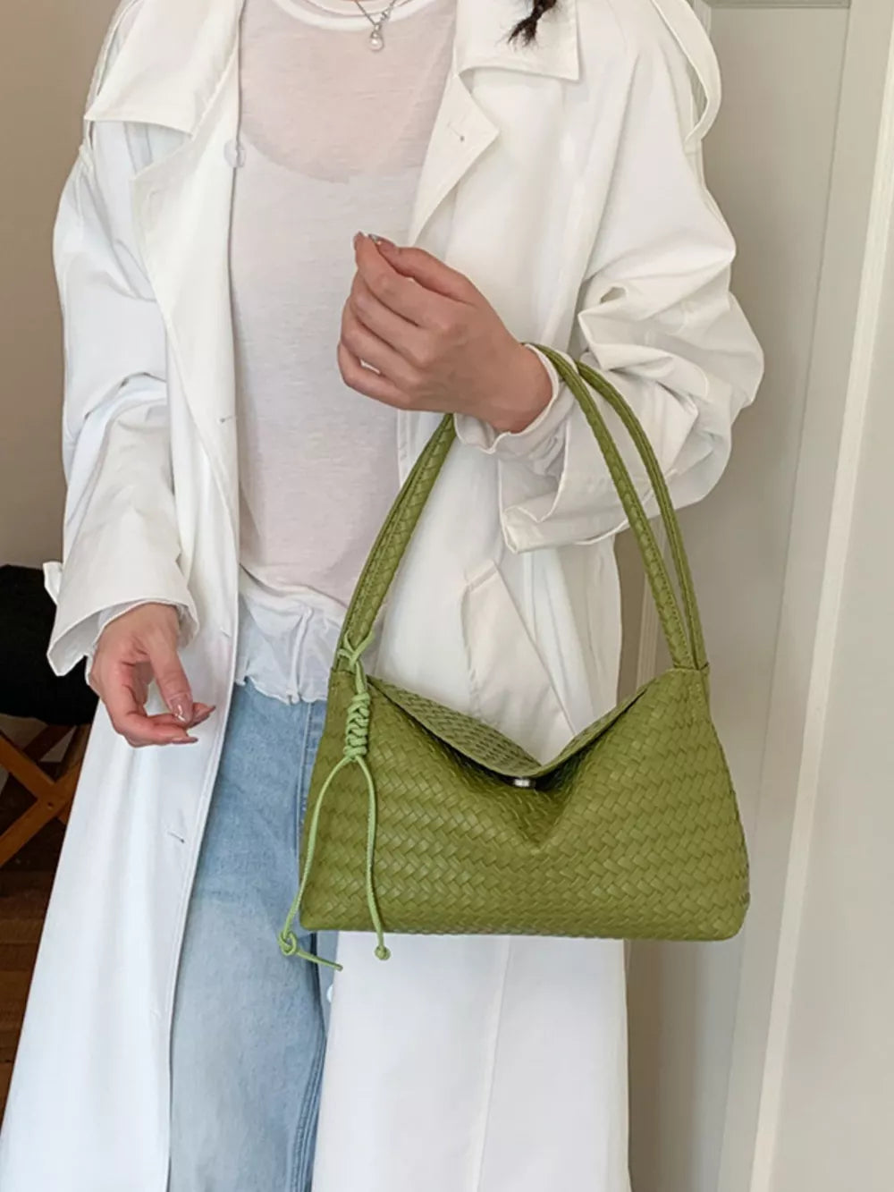 Woven Leather Shoulder Bag in Yellow, front view