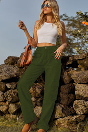 Army green denim cargo pants with utility pockets and a straight leg cut.