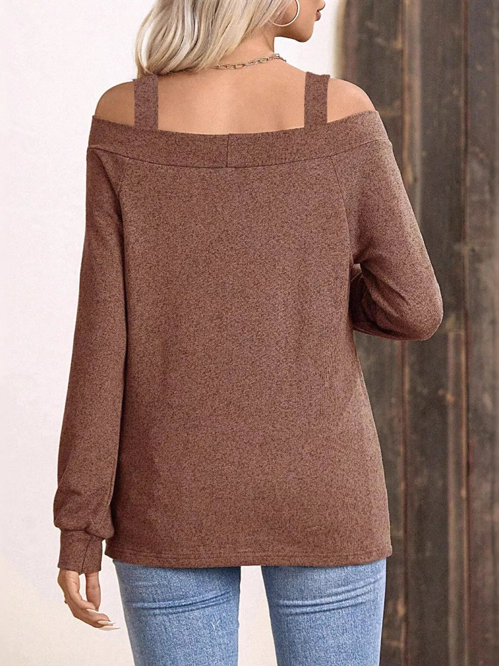 Cold Shoulder Long Sleeve T-shirt in Brown, model styling view