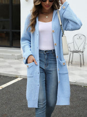 Light blue longline button-down knit cardigan with hood and pockets