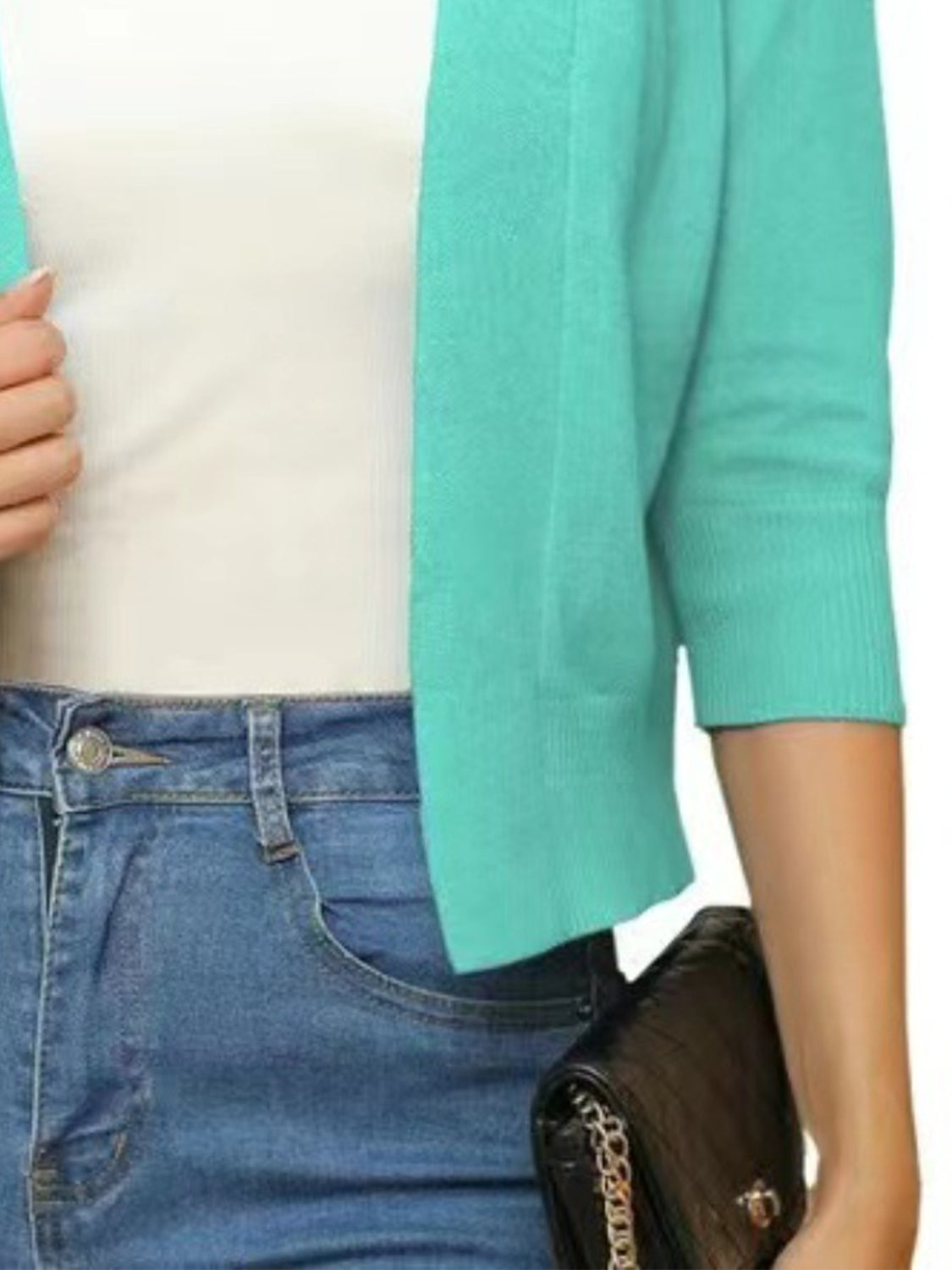 Azure open-front cropped cardigan with elbow sleeves and ribbed cuffs.
