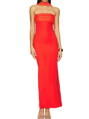Red ruched strapless maxi dress with a bodycon fit and halter neckline detail.
