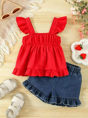 Children's Strawberry Crochet Trim Top & Denim Shorts Set in Red, fit detail