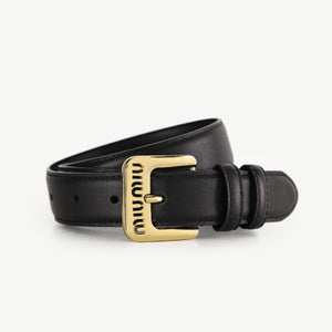 Black cowhide leather belt with gold logo buckle