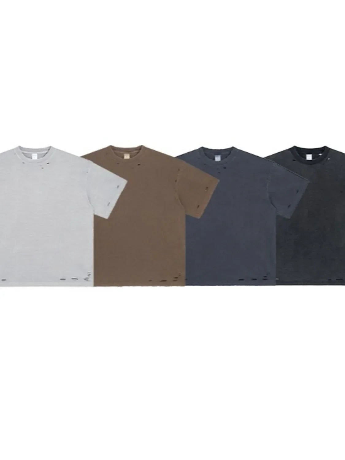 Distressed oversized cotton tees in Coffee Brown, Gray, Dark Gray, and Black with raw hem details.