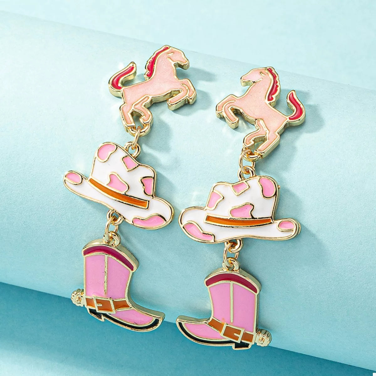 Cowboy hat and boot dangle earrings with pink horses, Style A