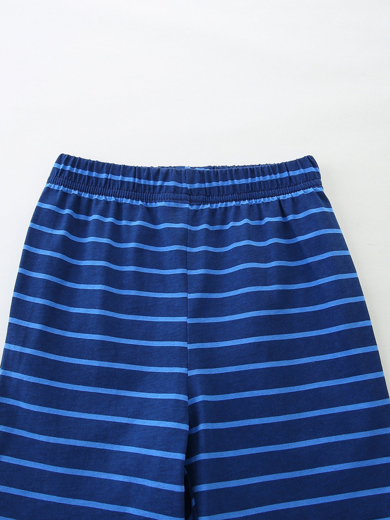 Toddler boys' navy blue striped cotton shorts with elastic waistband.