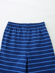 Toddler boys' navy blue striped cotton shorts with elastic waistband.