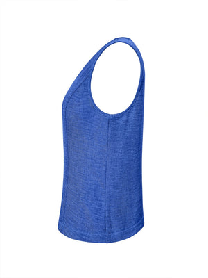 Royal blue linen vest with button detail, tailored fit and scoop neckline.