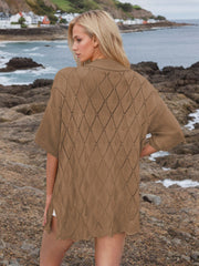 Caramel diamond knit collared cardigan shirt with short sleeves and open knit detail.