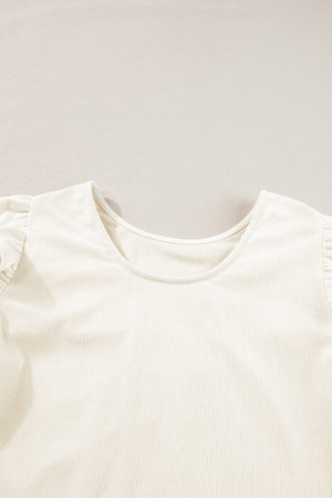 Eggshell textured blouse with ruffle sleeves and a scoop neckline.