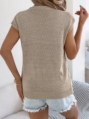 Khaki diamond knit sleeveless sweater top with ribbed hem and cuffs.