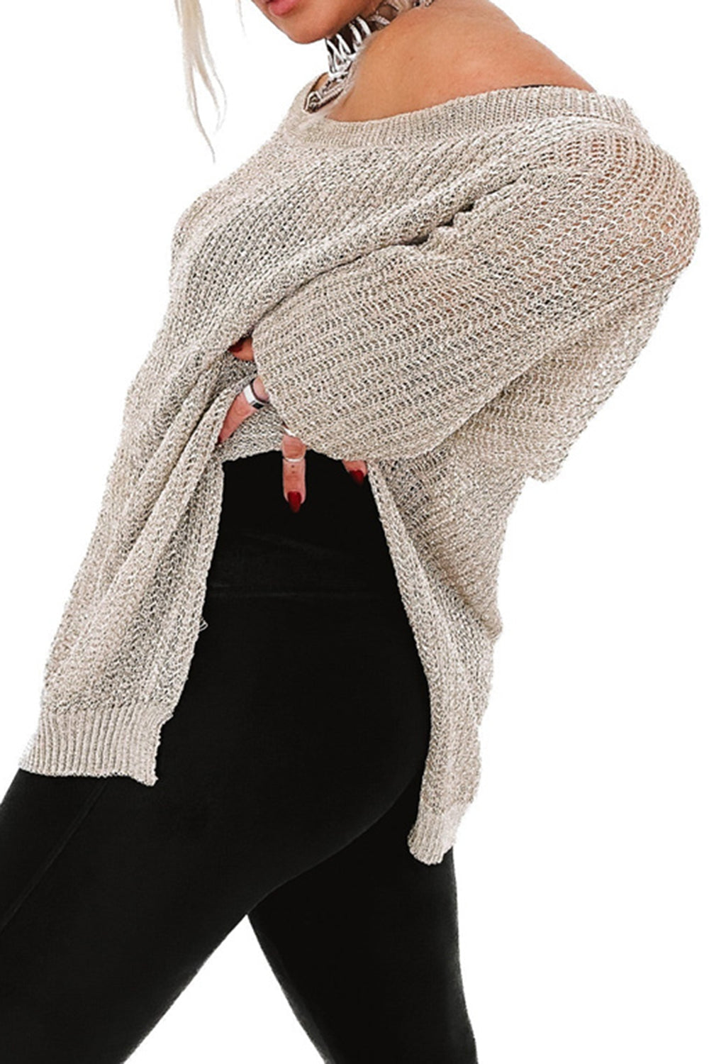 Off-shoulder metallic knit top in khaki with a slit detail.