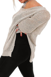 Off-shoulder metallic knit top in khaki with a slit detail.
