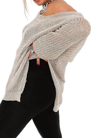 Off-shoulder metallic knit top in khaki with a slit detail.