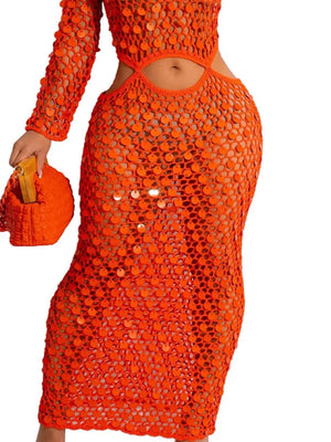 Orange mesh cutout maxi gown with sequin details and long sleeves.