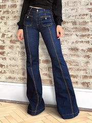 Chic high-rise flare jeans in dark wash denim with contrast stitching and front pockets.