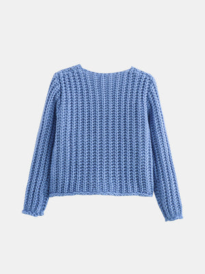 Light blue chunky knit pocket cardigan with statement buttons