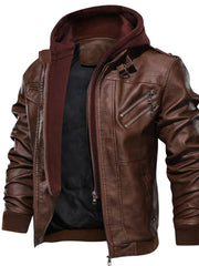 Men's Full Size Hooded Faux Leather Motorcycle Jacket in Black, model styling view