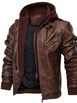 Men's Full Size Hooded Faux Leather Motorcycle Jacket in Black, model styling view