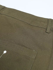 Olive green cotton cargo pants with white paint splatter detail and button fly.