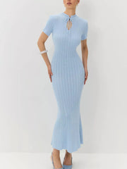 Light blue knitted mermaid dress with short sleeves and tied neckline