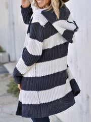 Chunky stripe hooded knit cardigan in white and grey, with a relaxed fit and open front.