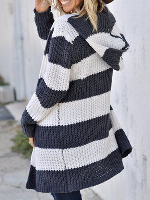 Chunky stripe hooded knit cardigan in white and grey, with a relaxed fit and open front.
